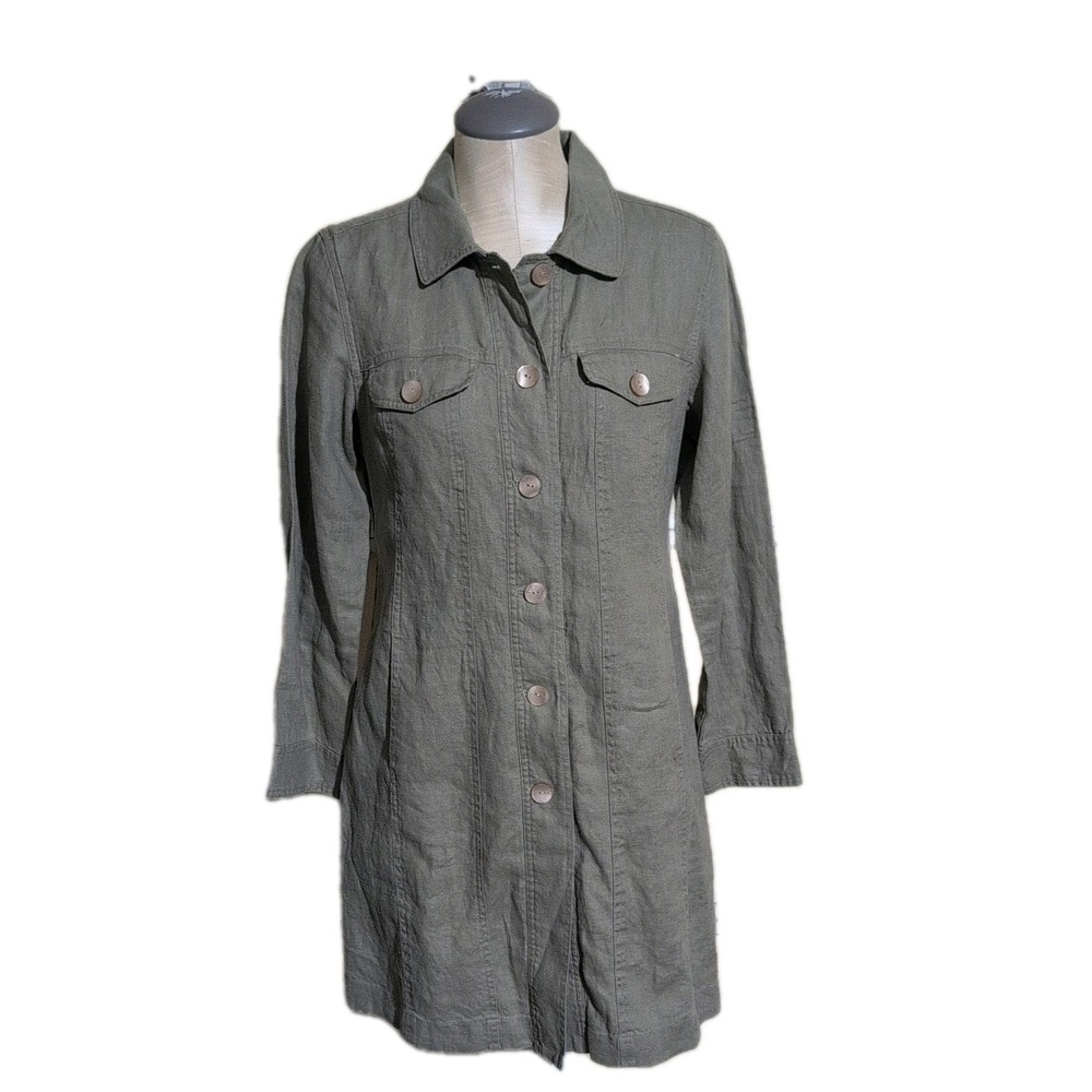 J Jill Linen Olive Green Midi Lined Coastal Lightweight Jacket Comfy Casual XS